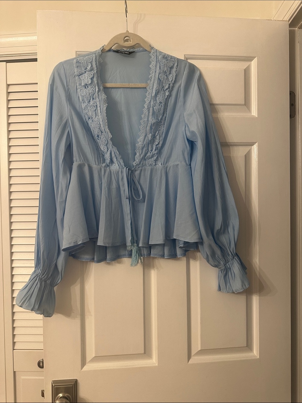 Light Blue Lace-Trim Peplum Tie-Front Blouse
